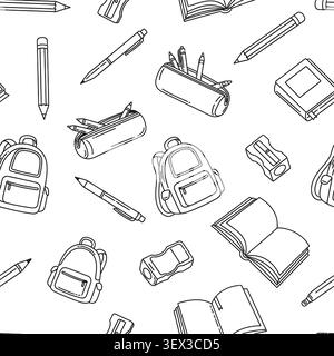 Seamless black and white line art pattern featuring school supplies like backpacks, pencils, books, and sharpeners. Perfect for educational background Stock Vector