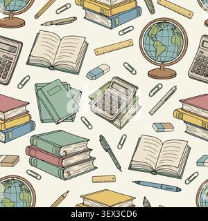 Vibrant hand-drawn seamless pattern with school supplies like books, calculators, and globes. Ideal for education, study, or academic  designs vector Stock Vector