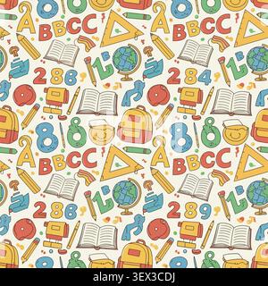 Colorful hand-drawn seamless pattern of school supplies, alphabet letters, and numbers. Perfect for educational backgrounds, kids stationery, and back Stock Vector