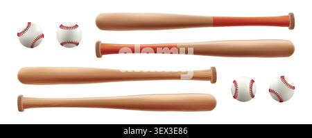 Baseball ball, bat glove realistic vector isolated. White softball, 3d wood stick, player base equipment clipart. Wooden vintage tool, american field Stock Vector