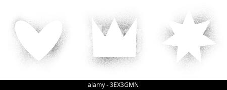 Sprayed stencil heart, crown, star frame collection. Stippled grain border set. Faded dotted texture shape bundle. Rough textured boarder elements for text box, banner, poster, template. Vector Stock Vector