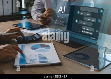 People use laptop AI chatbot interface with prompts, messages, charts, documents and calculator, applying data analytics automation for financial repo Stock Photo