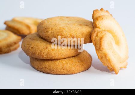 Danish butter cookies on a white background. Close-up. Stock Photo