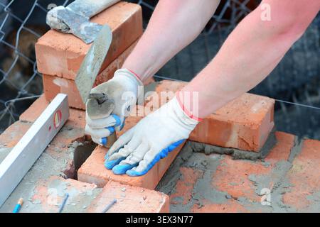 Construction Bricklaying Masonry Worker Building Brick House Wall Stock Photo