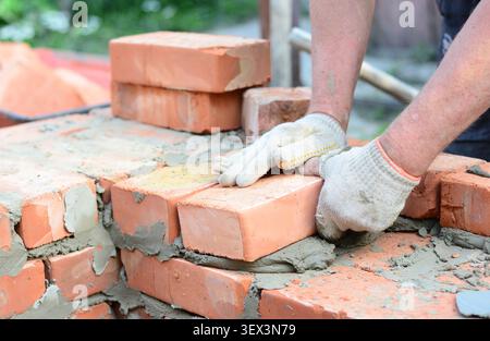 Bricklaying Construction Worker Building Brick House Wall Stock Photo