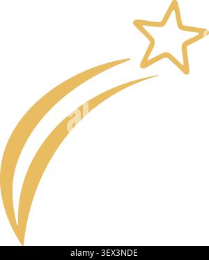Flat illustration of a golden shooting star with two long curved trails on a clean white background Stock Vector