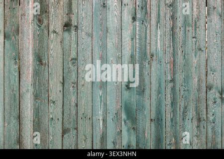 Weathered teal wooden fence with vertical planks, peeling paint and visible knots creating a textured background ideal for design, photography backdro Stock Photo