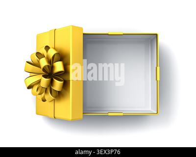 Top view of blank gold square gift box or front view of golden present box tied with gold ribbon bow isolated on white background with shadow minimal Stock Photo