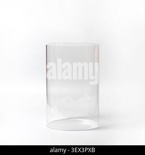 Empty clear plastic round display podium on white background studio front shot Stock Photo