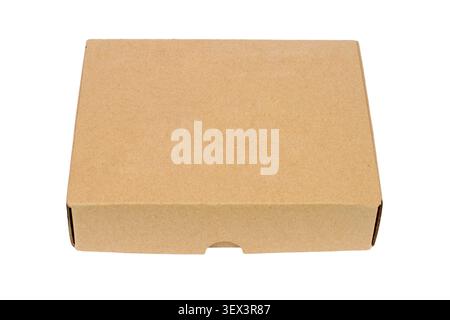 Flat cardboard box isolated on white background. Simple cardboard box front view. Stock Photo