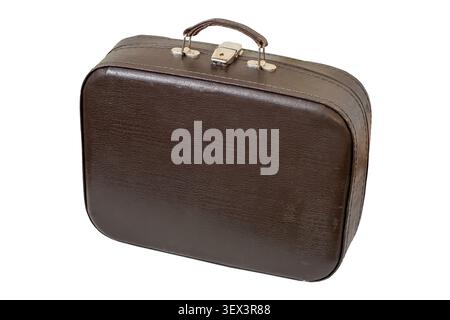 Antique leather suitcase isolated on a white background. Close-up of an old brown suitcase. Stock Photo
