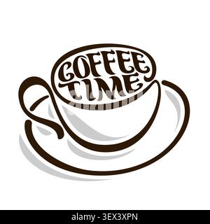 Vector logo for Coffee Time, original typeface for words coffee time, written on surface of espresso coffee, creative cut out mug on plate Stock Vector