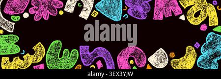 Playful frame drawn in color crayon elements on a black background. Stock Vector