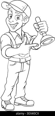 A plumber handyman cartoon mascot man holding a drain or toilet plunger and pointing Stock Vector