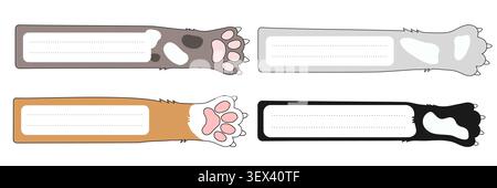 Cute cat paw bookmark collection with fluffy legs in different coat colors. Friendly pet illustration for printable labels stationery gifts and Stock Vector