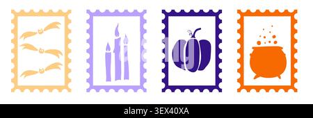 Cute Halloween postage stamps and badges with spooky creative elements, icons of ghosts, pumpkins, skulls. Stock Vector