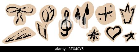 Line sticker paper arrow heart shape star element icon brush composition. Hand drawn crayon collage with ripped newspaper texture and playful Stock Vector