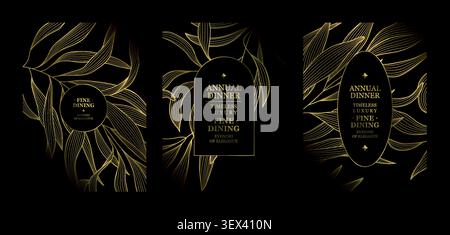 Luxury gala invite, floral background with elegant golden on black line flowers, leaves, art deco ornament, Japanese and Chinese design. Funeral cards Stock Vector