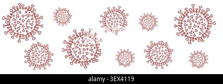 Red hantavirus microorganism icons with detailed pathogen outlines and medical infection symbols. Scientific healthcare vector illustration for Stock Vector