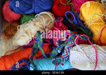 Colorful yarn balls and crafting supplies for knitting, crochet and handmade textile projects Stock Photo