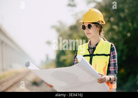 Professional engineer woman railway construction project manager, Transport Infrastructure survey working people outdoor. Stock Photo