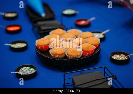 Fresh homemade vanilla cupcakes on serving tray with colorful sprinkles at festive dessert table Stock Photo