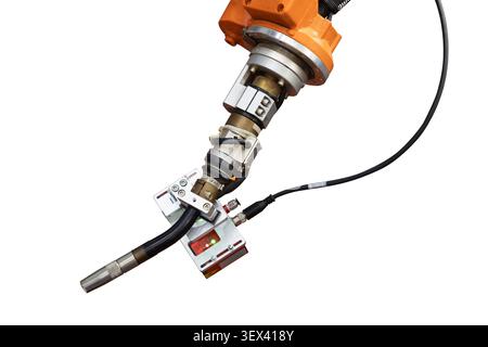 Robot welder head closeup isolated on white with clipping path. Welding Arm for automation metal weld industry factory. Stock Photo