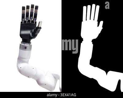 Robot hand, Robotic arm palm with finger waving hello gesture, Modern Humanoid Technology Innovation. Cyborg object isolated on with clipping path and Stock Photo