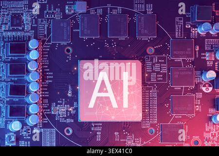 Ai Chips, AI microprocessor, Artificial intelligent memory computer processor on circuit board. Stock Photo