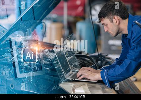 Modern smart young mechanic using AI Technology to help solve car problem and plan service maintenance process and predicting vehicle future problems. Stock Photo