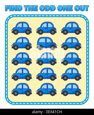 Find the odd one out. Educational worksheet with cars, printable visual puzzle game for preschool, learning and kids activities Stock Vector