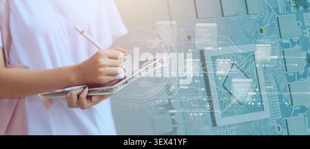 AI Technology for New generation people Smart Education, Chip programmer wide banner concept. Stock Photo