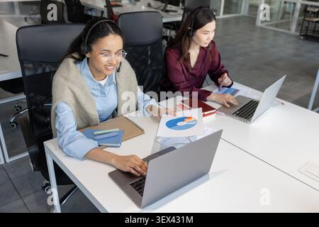 Young women call center agents using laptops Stock Photo