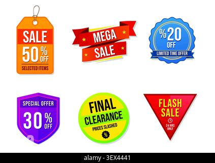 Sale badge and discount label set with 50 percent, 30 percent, 20 percent off, flash sale and clearance promotional stickers vector Stock Vector