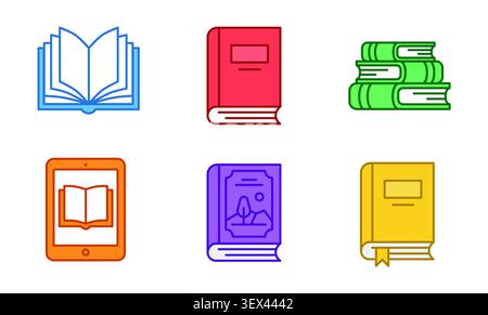 Book icon set with printed books, ebook reader, textbook and digital library symbols for education, reading and publishing vector Stock Vector