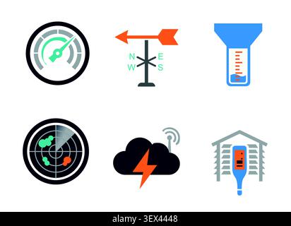 Weather icon set with barometer, weather vane, rain gauge, radar, lightning cloud and thermometer symbols for meteorology vector Stock Vector