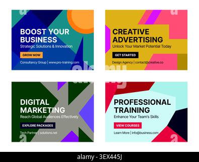 Business web banner template set with geometric abstract layouts for digital marketing, advertising, corporate promotion and social media campaigns. Stock Vector