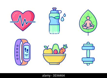 Wellness and healthy lifestyle icon set with heart rate, fitness tracker, meditation, nutrition, hydration and dumbbell symbols vector Stock Vector