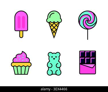 Sweet dessert icon set with ice cream, popsicle, lollipop, cupcake, gummy bear and chocolate candy symbols vector Stock Vector