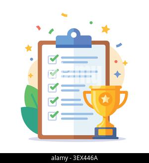 Checklist clipboard illustration with completed task list, achievement trophy and success concept for productivity, business planning and project. Stock Vector