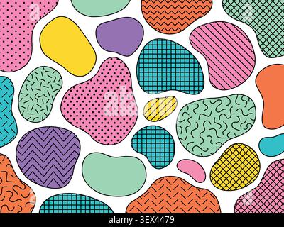 Seamless Memphis pattern with colorful abstract organic shapes, geometric textures and retro decorative background for textile and surface design. Stock Vector