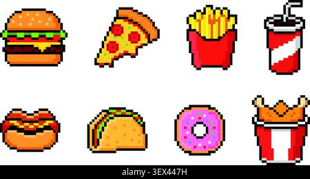 Pixel art fast food icon set with burger, pizza, fries, soda, taco, donut and fried chicken vector Stock Vector