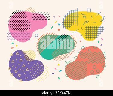 Memphis abstract geometric shape collection with colorful retro patterns, squiggle lines and decorative elements for backgrounds, branding and creativ Stock Vector