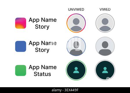 Instagram, Facebook and WhatsApp story status UI template with viewed and unviewed profile ring indicators for social media interface vector Stock Vector