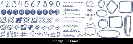 Doodle Numbers, Speech Bubble, Frames, Borders, Underlines and Scribble Elements Set. Isolated Blue Hand Drawn Checkmarks, Heart, Lines, Geometric Sha Stock Vector