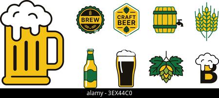 Craft beer icon set with beer mug, bottle, glass, barrel, hop, wheat and brewery symbols for pub, brewing and beverage design vector Stock Vector