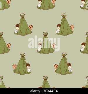 Sensory Therapy Swing with Lying Boy Seamless Pattern. Occupational Vestibular Training Pod Hammock on Green Background. Cocoon Chair Drop for Autism Stock Vector