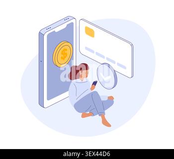 Online payment or shopping. Girl in cozy clothes sitting on floor transferring money. Great for fintech, e-commerce, banking app. Stock Vector