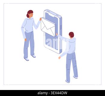 Woman receives email from man. Isometric vector illustration with mobile phone for communication app, dating service  Stock Vector