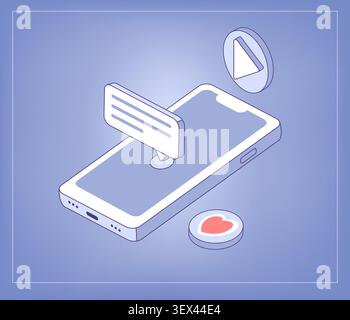 Comments and likes on video content. Isometric vector illustration with mobile phone for social media banner, content creator blog Stock Vector